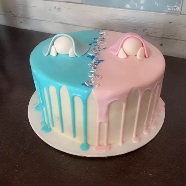 Two-toned cake with blue and pink sides, each featuring a small baby, for a gender reveal party.